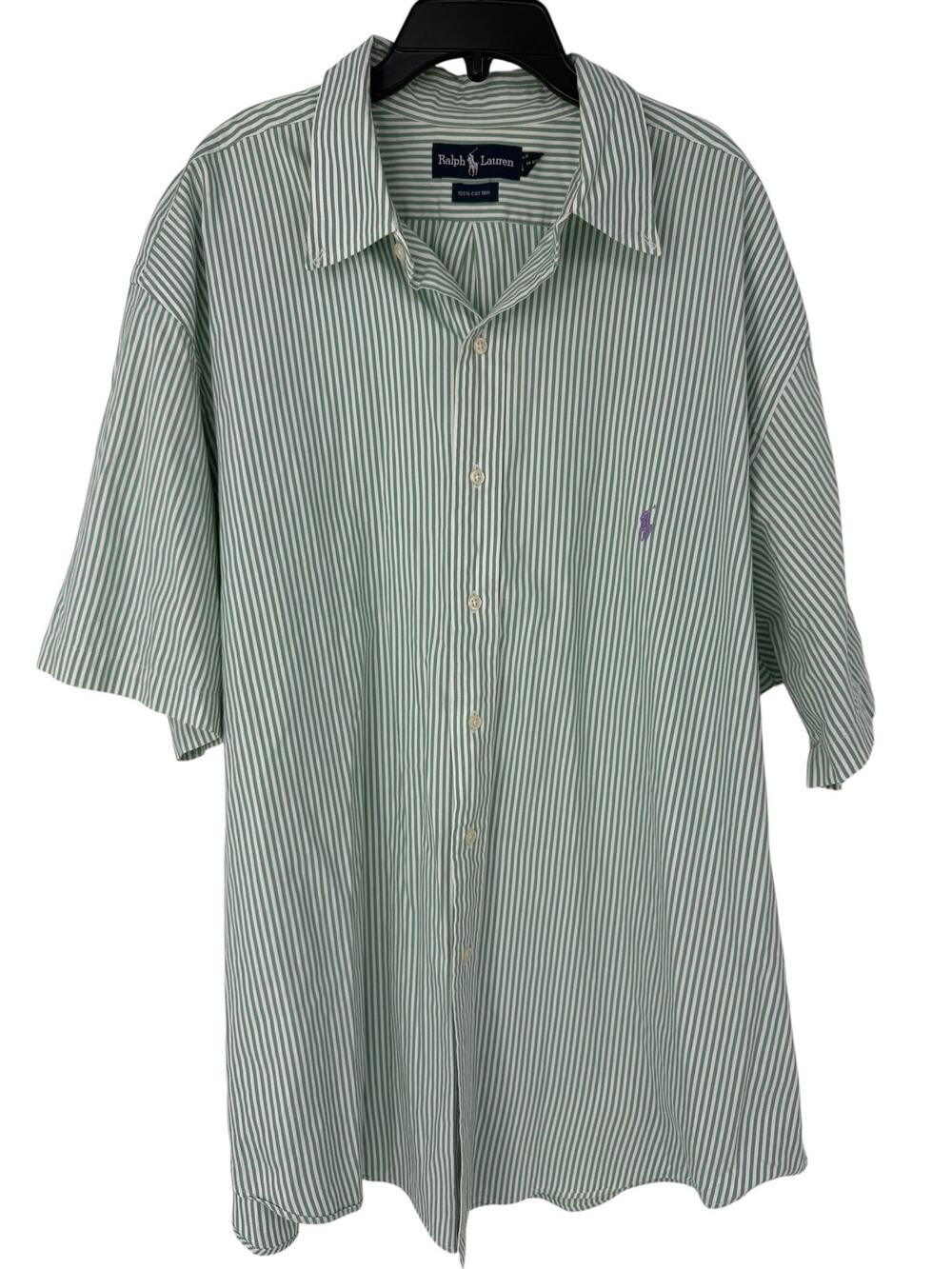 Ralph Lauren Green White Striped Button Down Shirt Purple Pony 2XL Cotton